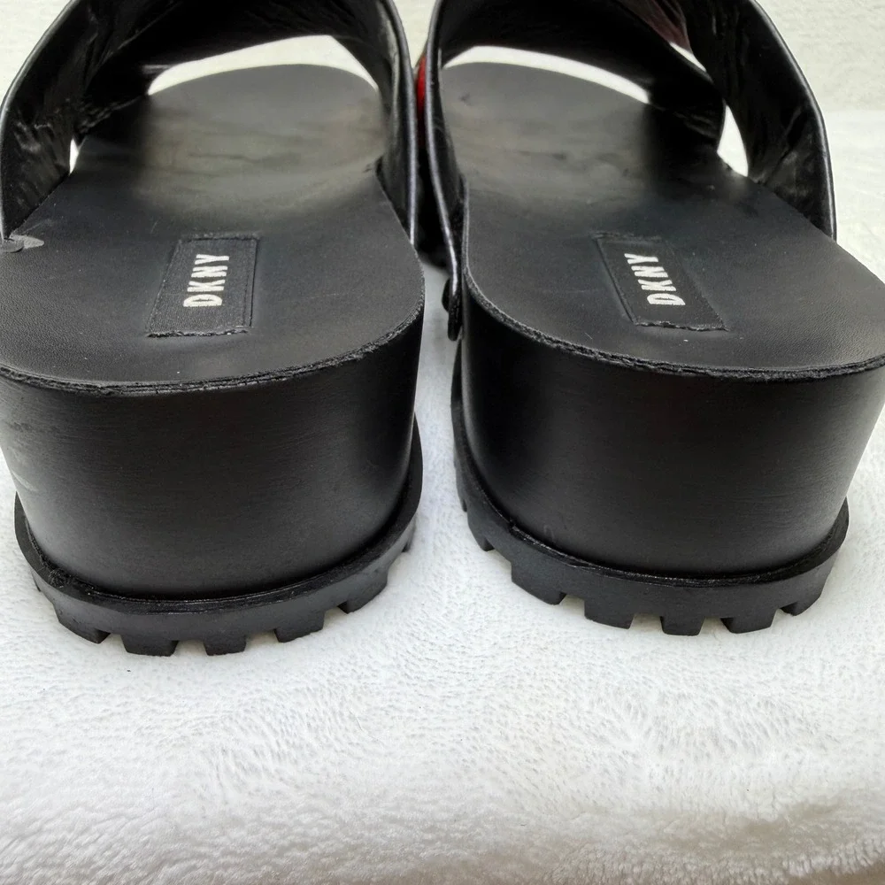 DKNY Womens Platform Slide Sandals Black Red White Crisscross Straps Studded
